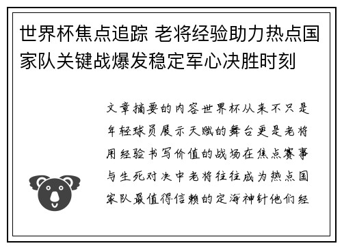 世界杯焦点追踪 老将经验助力热点国家队关键战爆发稳定军心决胜时刻