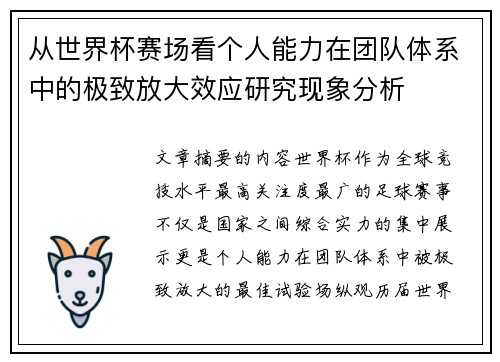 从世界杯赛场看个人能力在团队体系中的极致放大效应研究现象分析