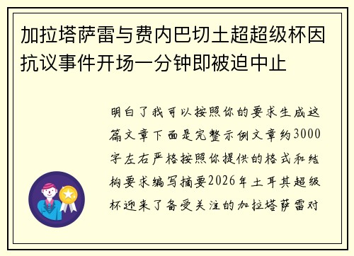 加拉塔萨雷与费内巴切土超超级杯因抗议事件开场一分钟即被迫中止